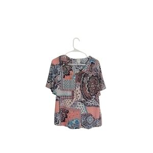 Chico's Women's 0 Multi-Colored Orange Blue Layered Flutter Sleeve Pull-over Top